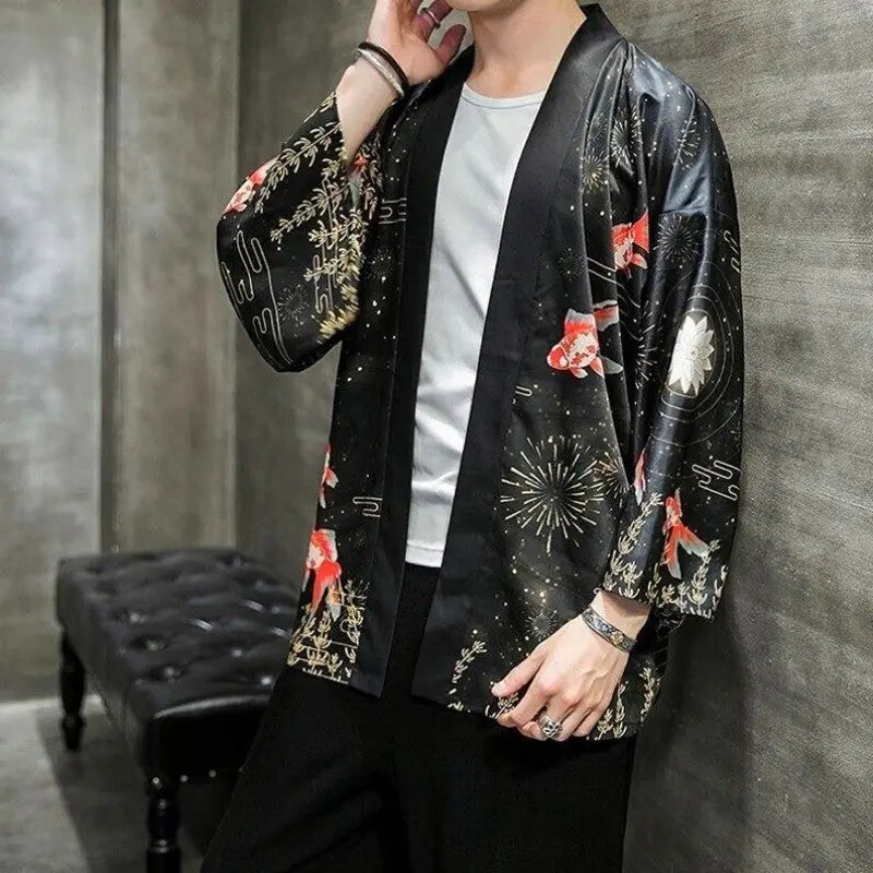 Mens beach kimono with japanese fish and lotus flower design