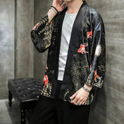 Mens beach kimono with japanese fish and lotus flower design