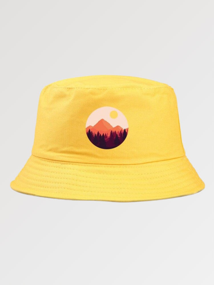 Back view of mens bucket hat with japanese mountain print — black cotton, prada mens bucket hat alternative
