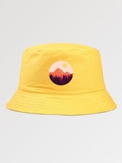 Back view of mens bucket hat with japanese mountain print — black cotton, prada mens bucket hat alternative
