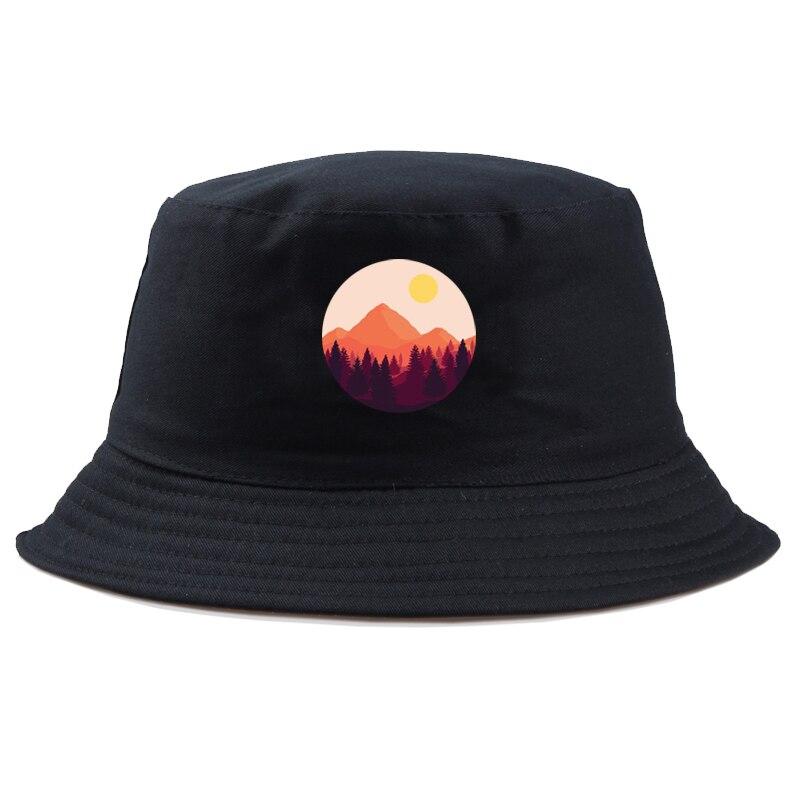 Detail of fuji sunset medallion on mens bucket hat — Tokyo streetwear, ralph lauren bucket hat alternative