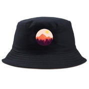 Detail of fuji sunset medallion on mens bucket hat — Tokyo streetwear, ralph lauren bucket hat alternative