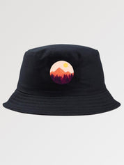 Mens bucket hat with mount fuji sunset print — black Japanese cotton, kangol mens bucket hat alternative