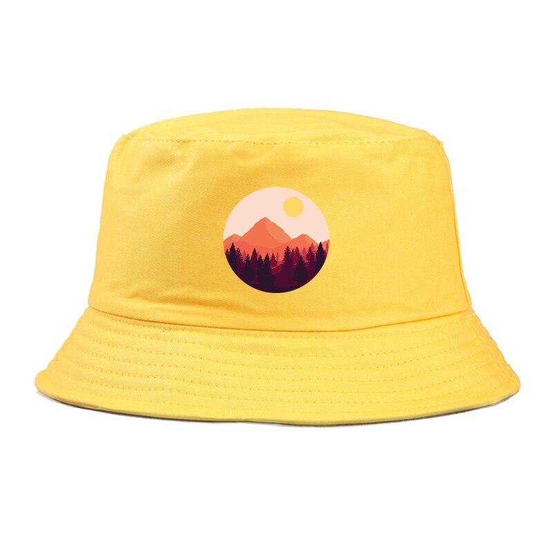 Side view of mens bucket hat with mount fuji — black cotton six-panel, polo bucket hat alternative