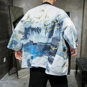 Vintage mens kimono coat with northern japanese landscape print