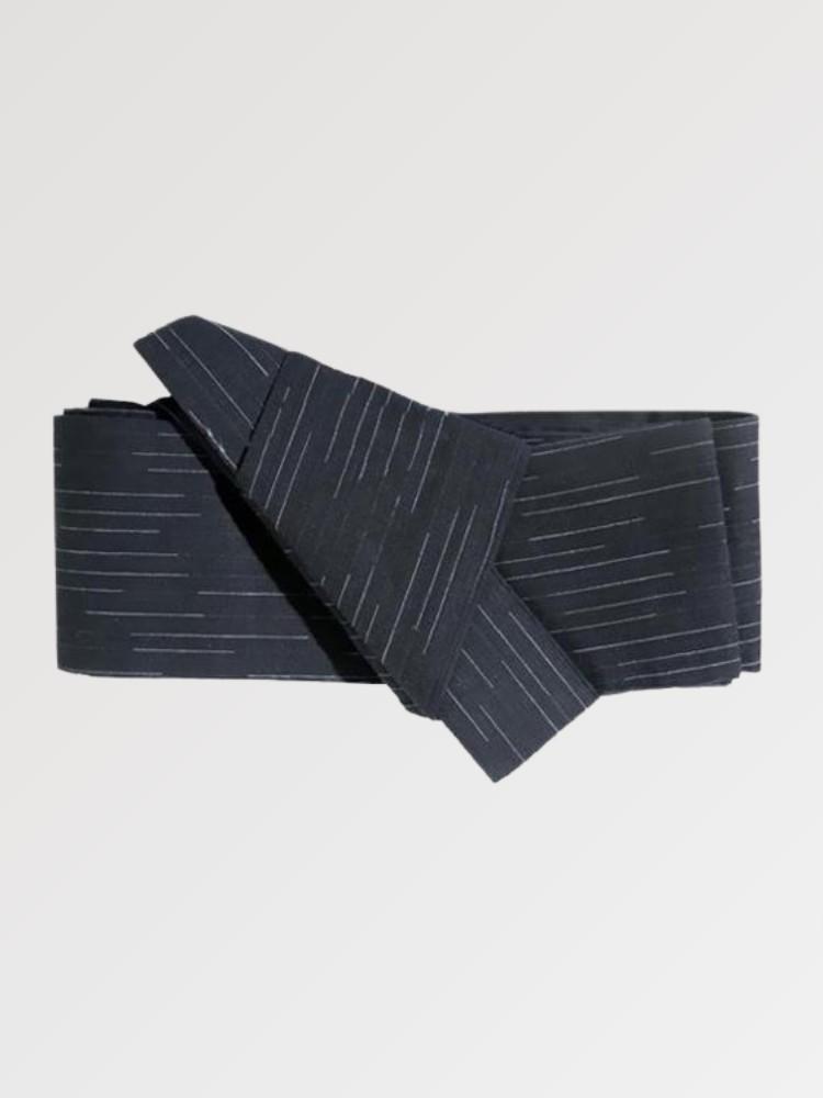Deep navy-black obi belt flecked with fine pale gray dashes, flat product view showing the full sash and knot