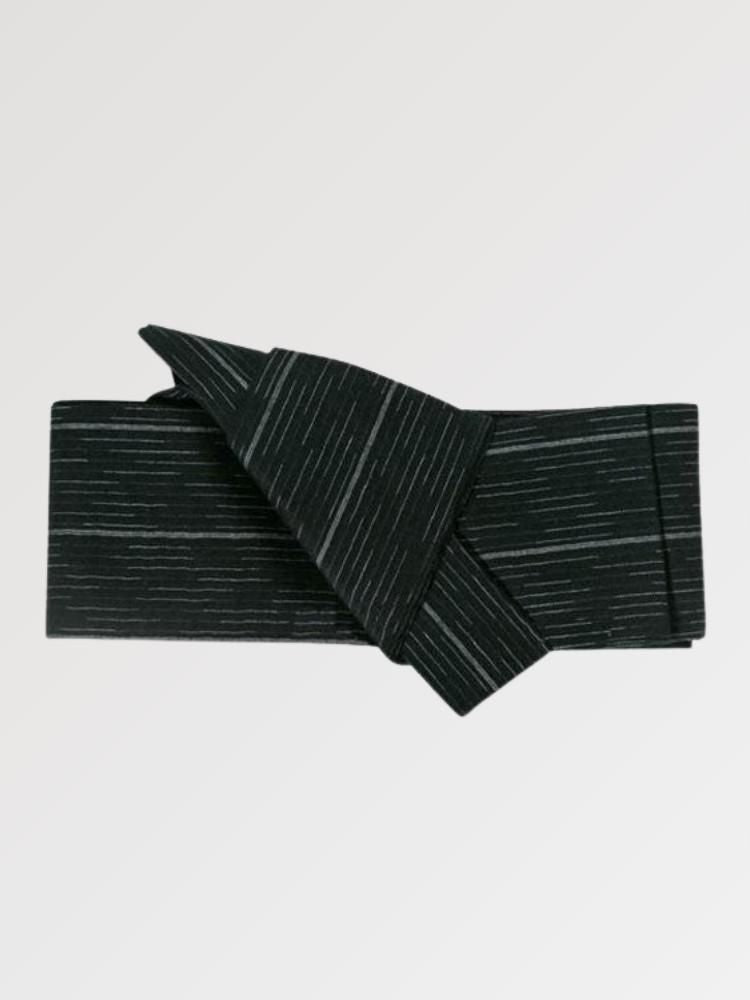 Black obi belt streaked with fine gray rain-like lines, flat product view showing the full sash and knot