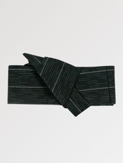 Black obi belt streaked with fine gray rain-like lines, flat product view showing the full sash and knot