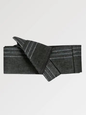 Heathered dark gray obi belt with pale dotted stripes, flat product view showing the full sash and knot