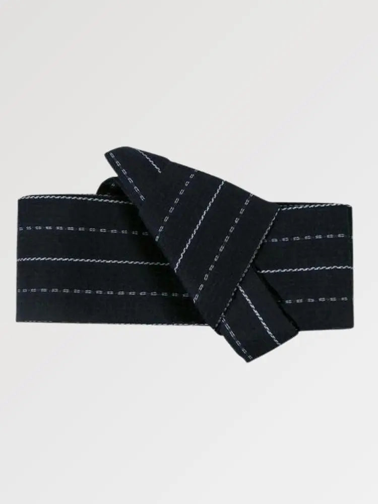 Deep navy obi belt ruled with crisp white stripes, flat product view showing the full sash and knot