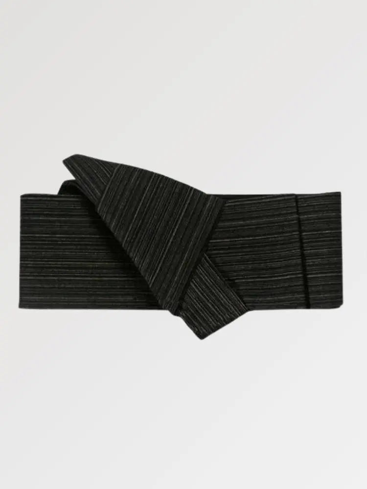 Black obi belt woven with dense fine gray striations, flat product view showing the full sash and knot