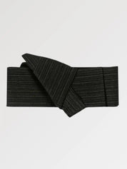 Black obi belt woven with dense fine gray striations, flat product view showing the full sash and knot