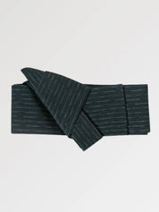 Dark teal obi belt with fine gray vertical striations, flat product view showing the full sash and knot