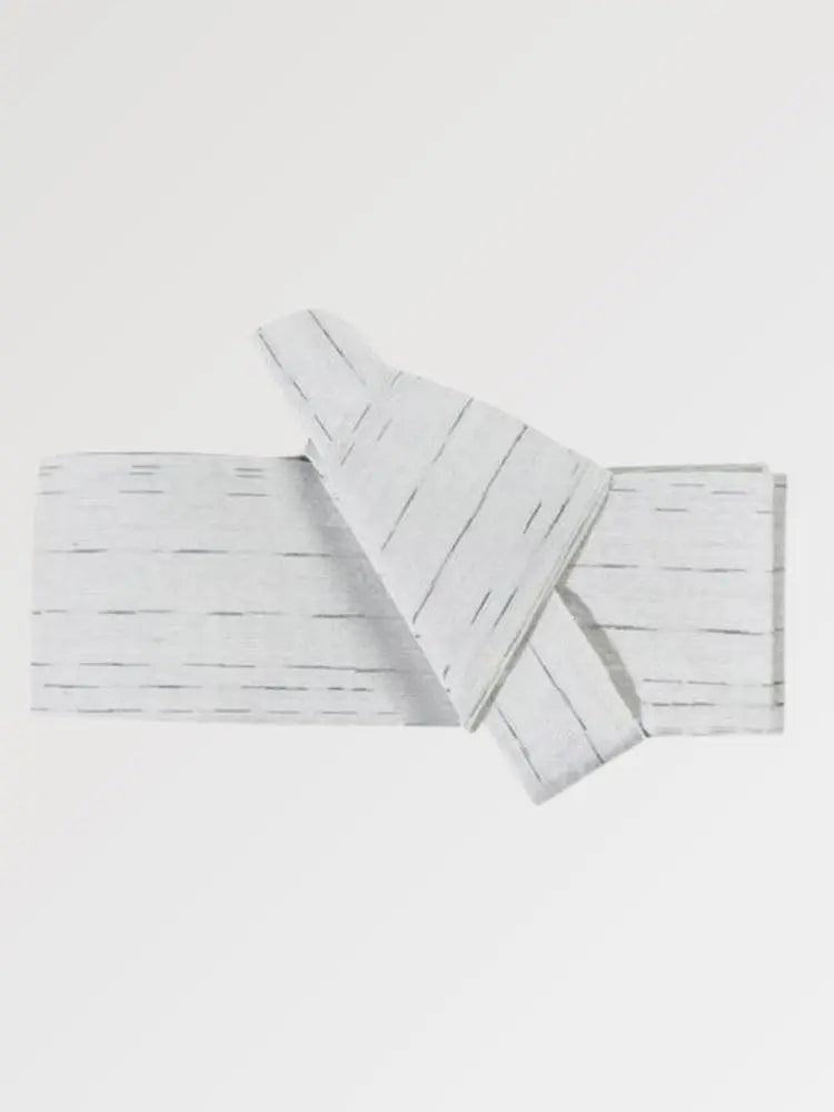 Off-white pale gray obi belt scattered with fine gray dashes, flat product view showing the full sash and knot