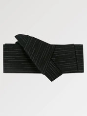 Black obi belt drawn with fine silver-gray pinstripes, flat product view showing the full sash and knot