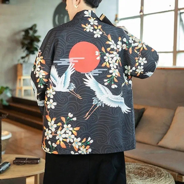 Japanese mens summer kimono with sakura and cranes