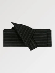 Solid black obi belt with loosely spaced gray-white stripes, flat product view showing the full sash and knot