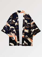 Cardigan in a modern haori style representing cranes flying over the sea