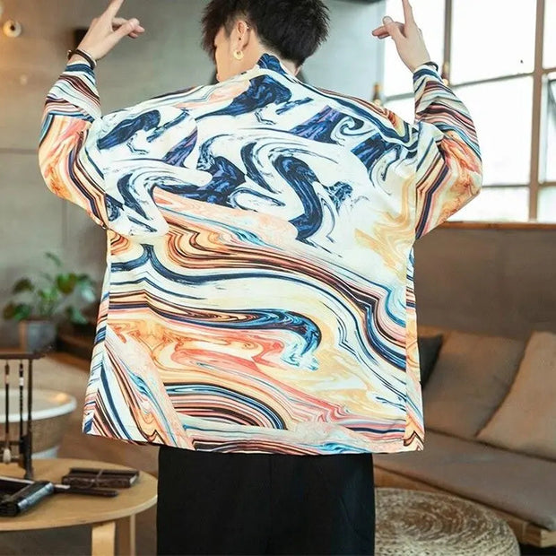 Men kimono jacket in modern style and colorful abstract pattern