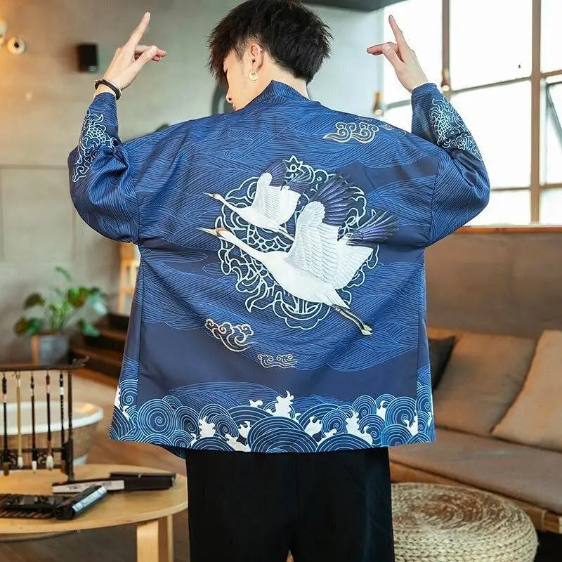 Navy blue kimono jacket with crowned cranes and big wave design