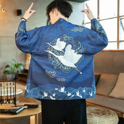 Navy blue kimono jacket with crowned cranes and big wave design