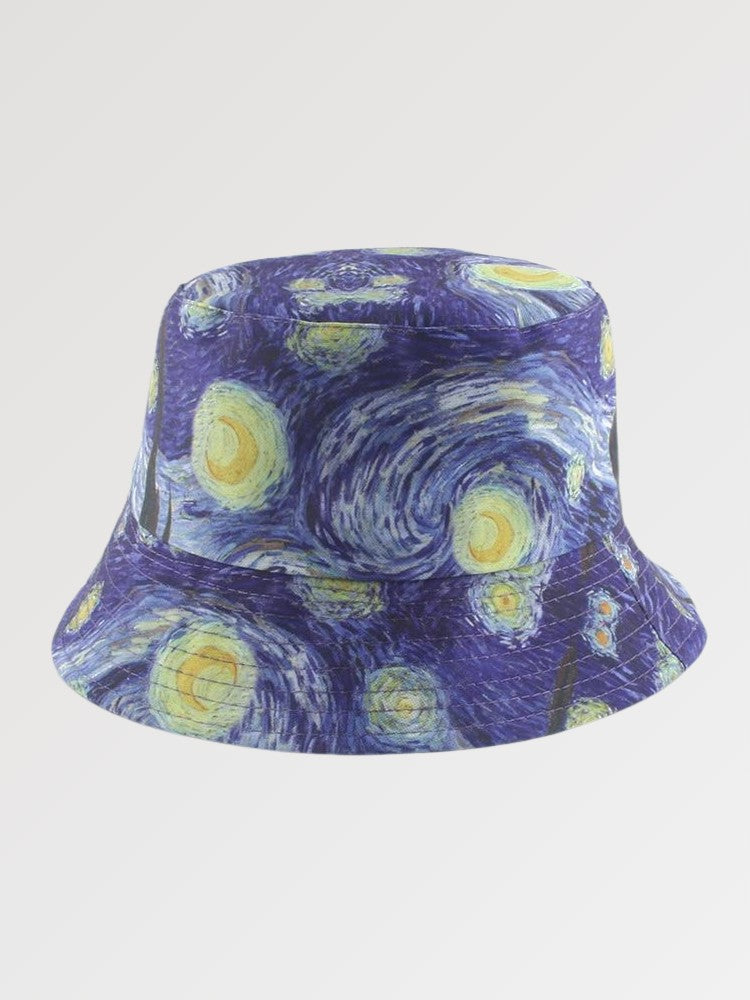 Back view of pink bucket hat with Van Gogh print — Tokyo cotton, ganni pink bucket hat alternative