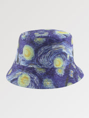 Back view of pink bucket hat with Van Gogh print — Tokyo cotton, ganni pink bucket hat alternative