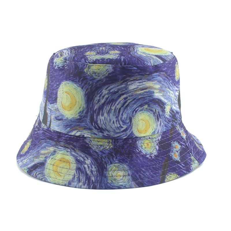 Detail of starry night painting print on pink cotton bucket hat — Tokyo streetwear, jacquemus pink bucket hat alternative