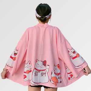 Pink Kimono Cardigan 'Maneki Neko'