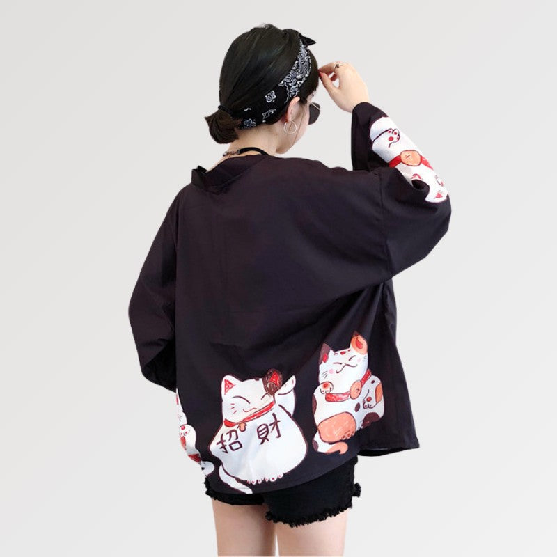 Pink Kimono Cardigan 'Maneki Neko'