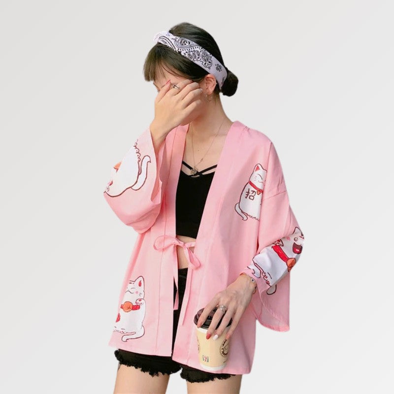 Pink Kimono Cardigan 'Maneki Neko'
