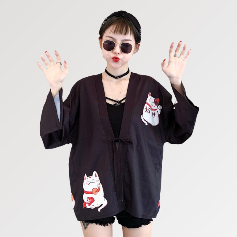 Pink Kimono Cardigan 'Maneki Neko'