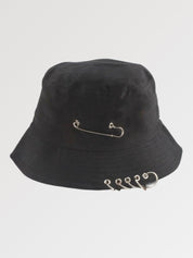 Black punk bucket hat with safety pin and silver rings — Tokyo Harajuku cotton, kidill punk bucket hat alternative