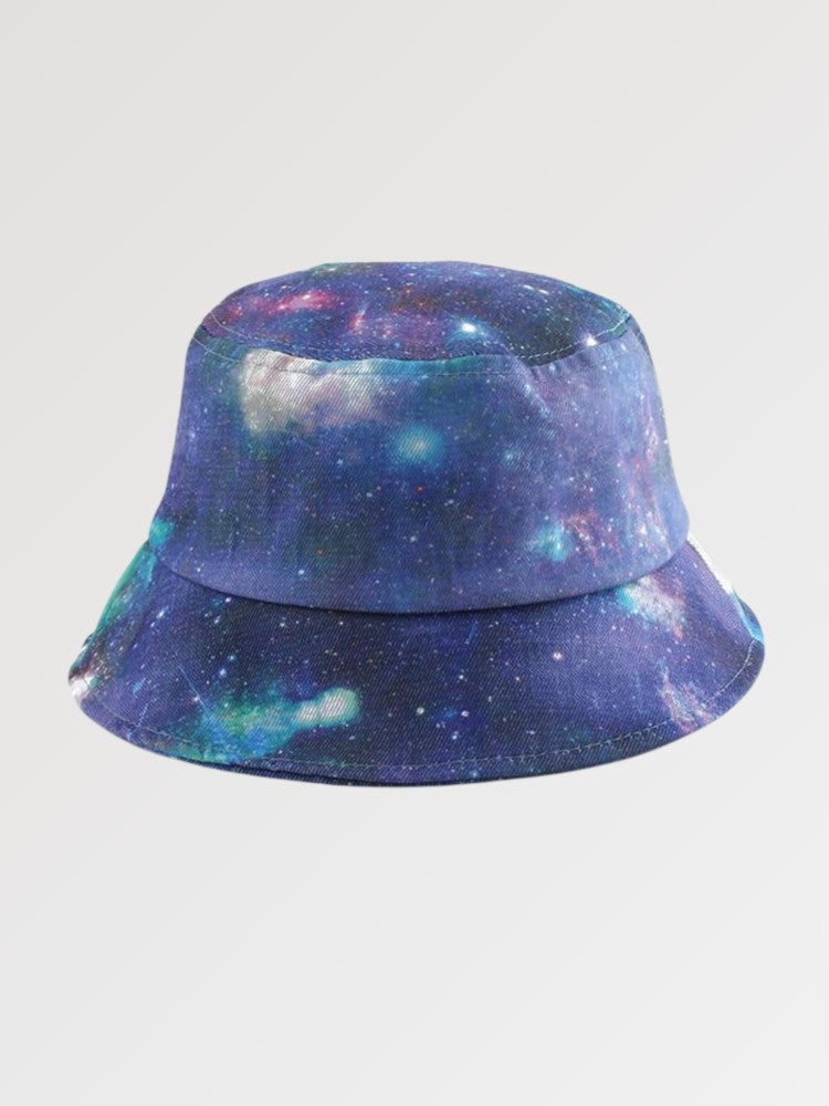 Back view of purple galaxy bucket hat — Tokyo Y2K cotton, dolls kill purple bucket hat alternative