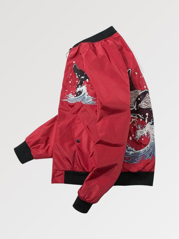 The famous wave with an embroidered whale in a red japanese bomber jacket