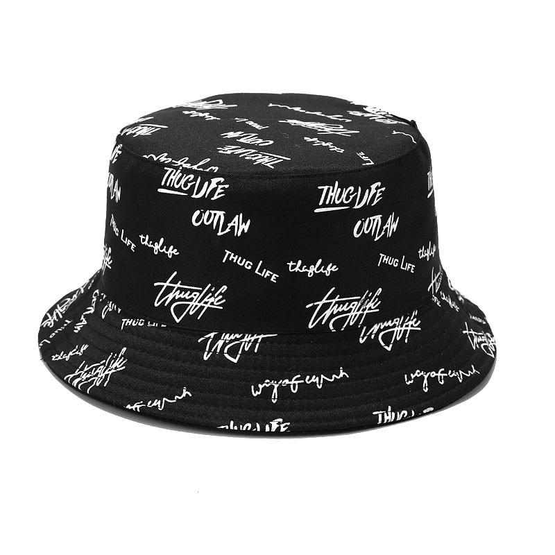 Detail of script print on reversible cotton bucket hat — Tokyo graffiti streetwear, supreme reversible bucket hat alternative