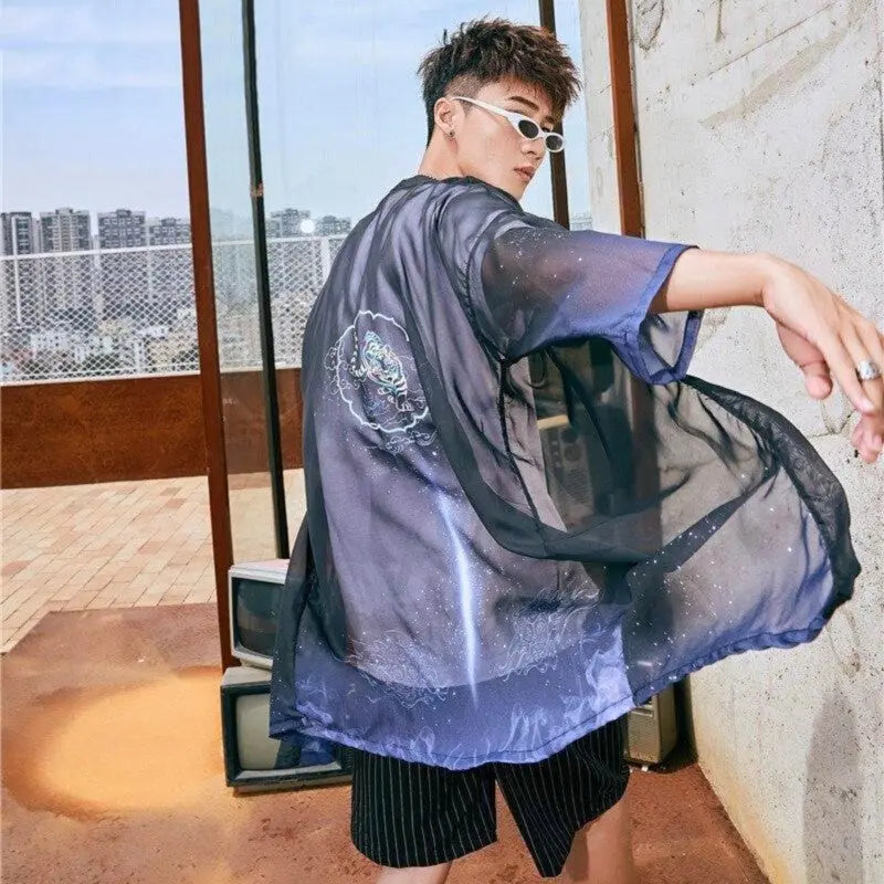 Long sheer kimono jacket for men with tiger pattern