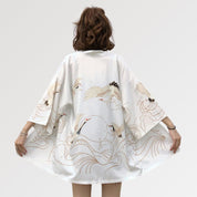 Short kimono for women in a jacket style with japanese cranes pattern