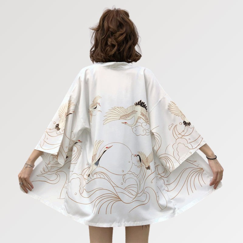 Short kimono for women in a jacket style with japanese cranes pattern