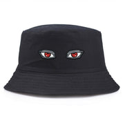 Detail of red demon eyes embroidery on black streetwear bucket hat — Tokyo manga, undercover streetwear bucket hat alternative