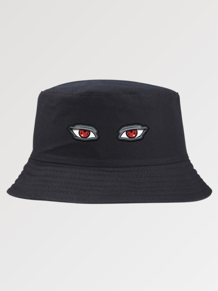 Black streetwear bucket hat with embroidered red demon eyes — Tokyo akuma cotton, wacko maria streetwear bucket hat alternative
