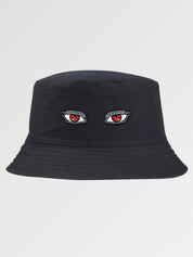 Black streetwear bucket hat with embroidered red demon eyes — Tokyo akuma cotton, wacko maria streetwear bucket hat alternative