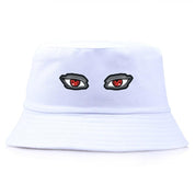Side view of streetwear bucket hat with akuma eyes — black cotton, fragment design streetwear bucket hat alternative