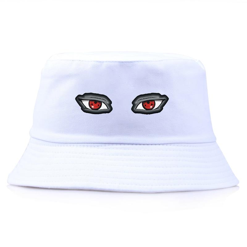 Side view of streetwear bucket hat with akuma eyes — black cotton, fragment design streetwear bucket hat alternative