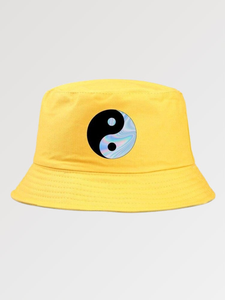 Back view of holographic streetwear bucket hat — black cotton, Harajuku Y2K, kangol bucket hat alternative