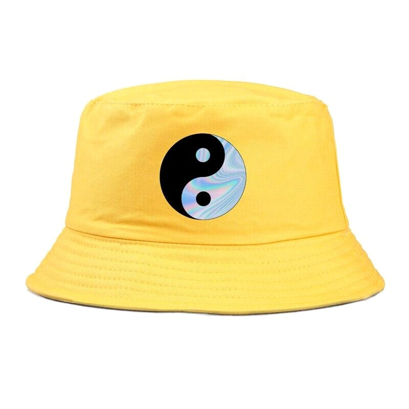 Side view of streetwear bucket hat with yin yang — Tokyo Y2K rave aesthetic, stussy bucket hat alternative