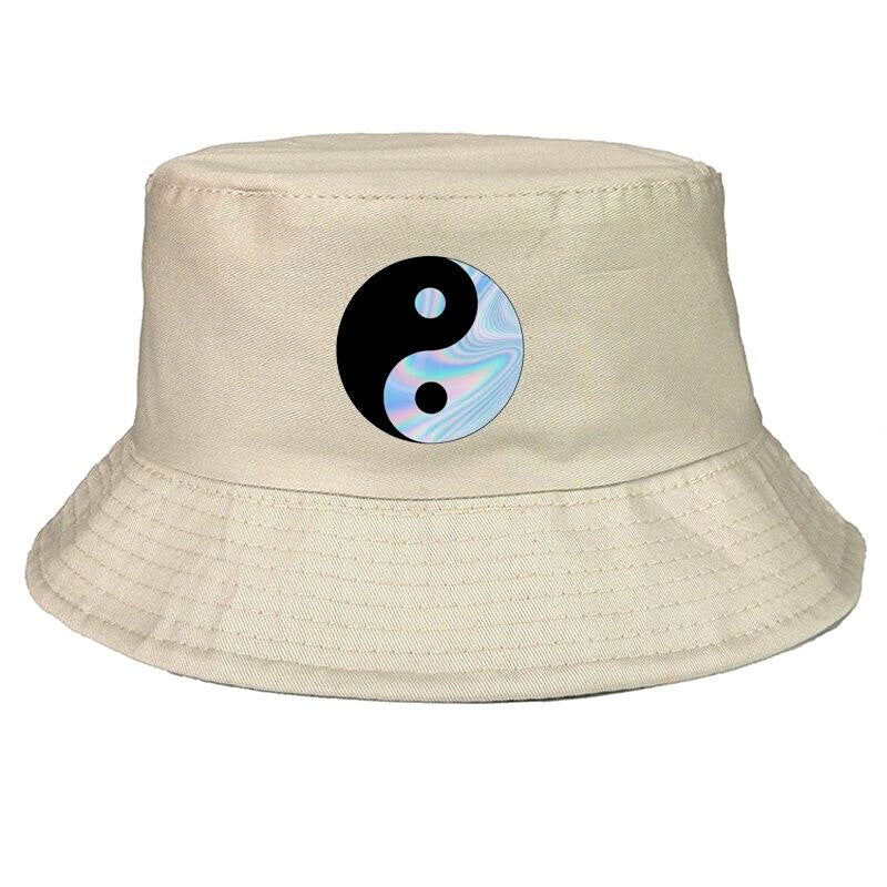 Top view of black streetwear bucket hat — six-panel cotton, Harajuku iridescent bucket hat