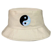 Top view of black streetwear bucket hat — six-panel cotton, Harajuku iridescent bucket hat