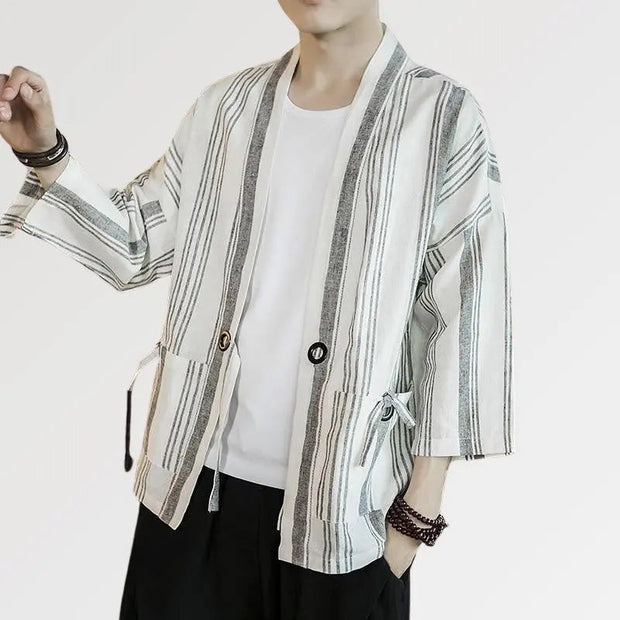 The striped kimono cardigan for men with linear pattern