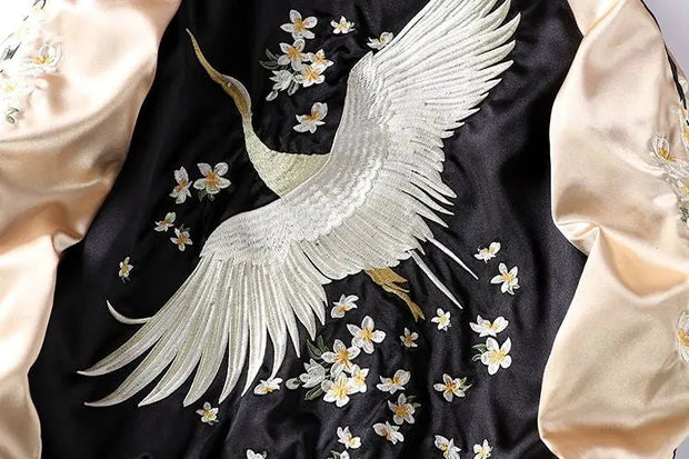 Treat yourself to this beautiful sukajan crane embroidered with a Japanese crowned crane
